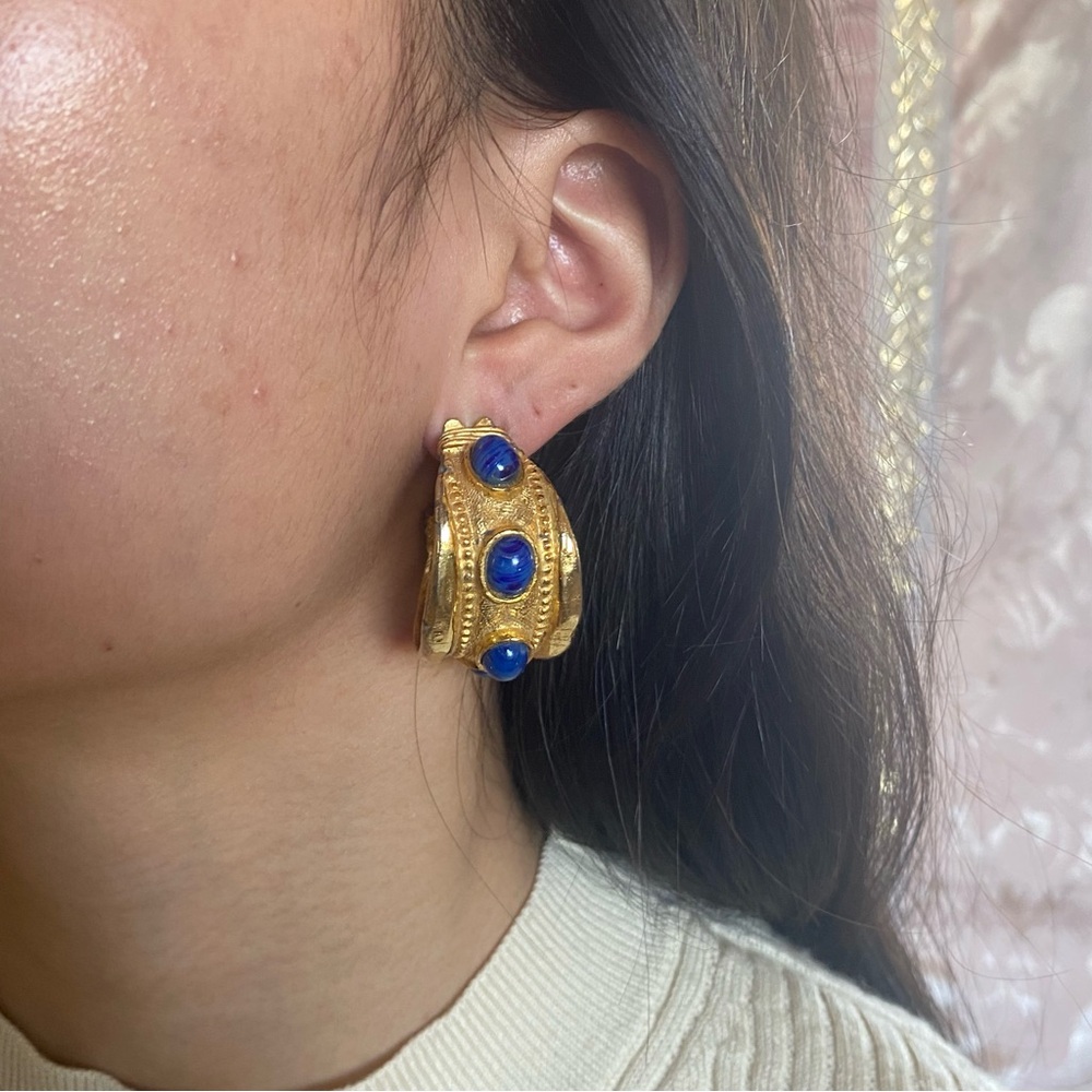 1960’s, 70’s Kenneth Jay Lane Gold Faux Lapis Lazuli Large Hoop Clip On Earrings